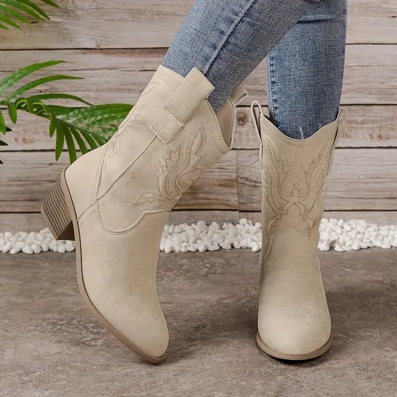 Cowgirl Boots Embroidered Brown Block Heel Women's Mid-Calf Western – Casual, Gift
