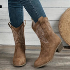 Cowgirl Boots Embroidered Brown Block Heel Women's Mid-Calf Western – Casual, Gift