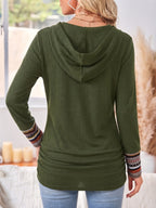 Cowl Neck Hoodie Black Aztec Print Long Sleeve Women's Button Detail Top – Casual, Autumn