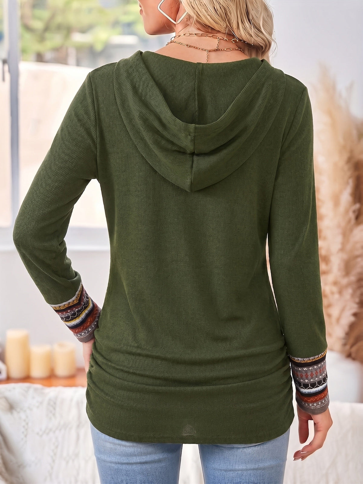 Cowl Neck Hoodie Black Aztec Print Long Sleeve Women's Button Detail Top – Casual, Autumn