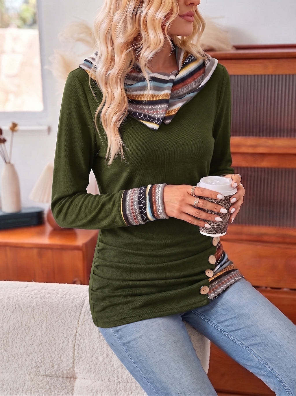 Cowl Neck Hoodie Black Aztec Print Long Sleeve Women's Button Detail Top – Casual, Autumn