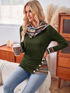 Cowl Neck Hoodie Black Aztec Print Long Sleeve Women's Button Detail Top – Casual, Autumn