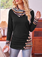 Cowl Neck Hoodie Black Aztec Print Long Sleeve Women's Button Detail Top – Casual, Autumn