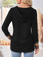 Cowl Neck Hoodie Black Aztec Print Long Sleeve Women's Button Detail Top – Casual, Autumn