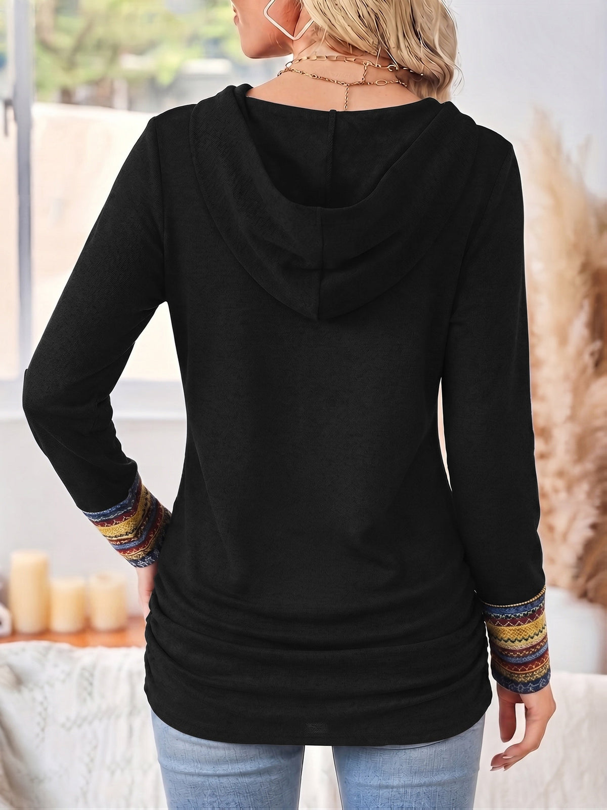 Cowl Neck Hoodie Black Aztec Print Long Sleeve Women's Button Detail Top – Casual, Autumn