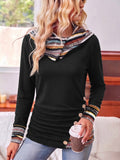 Cowl Neck Hoodie Black Aztec Print Long Sleeve Women's Button Detail Top – Casual, Autumn