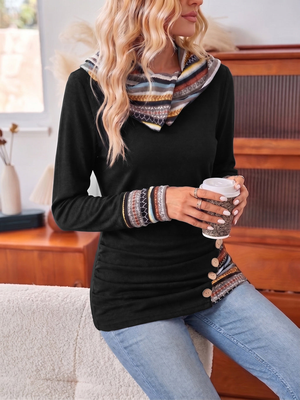 Cowl Neck Hoodie Black Aztec Print Long Sleeve Women's Button Detail Top – Casual, Autumn