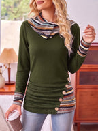 Cowl Neck Hoodie Black Aztec Print Long Sleeve Women's Button Detail Top – Casual, Autumn