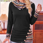 Cowl Neck Hoodie Black Aztec Print Long Sleeve Women's Button Detail Top – Casual, Autumn