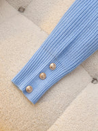 Cowl Neck Jumper Ribbed Knit Women's Light Blue Button-Cuff – Casual, Office, Winter, Gift
