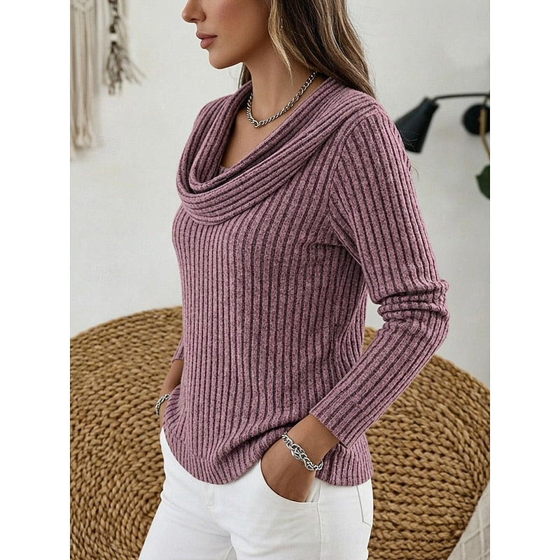 Cowl Neck Ribbed Knit Top Women's Long Sleeve Jumper – Casual, Office, Holiday, Gift