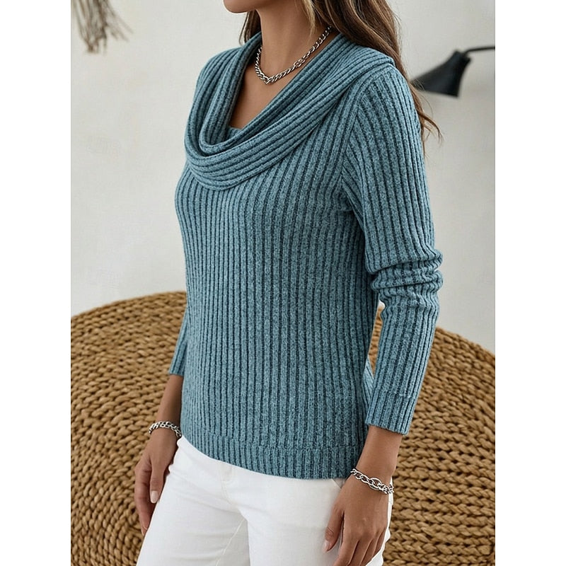 Cowl Neck Ribbed Knit Top Women's Long Sleeve Jumper – Casual, Office, Holiday, Gift