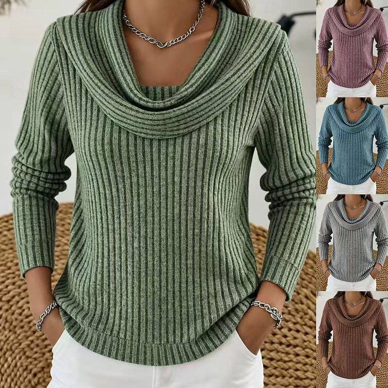 Cowl Neck Ribbed Knit Top Women's Long Sleeve Jumper – Casual, Office, Holiday, Gift