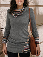 Cowl Neck Tunic Top Grey Aztec Print Long Sleeve Women's – Casual, Office, Holiday, Layering Gift