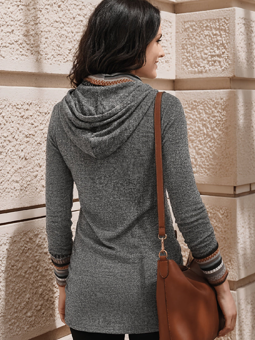 Cowl Neck Tunic Top Grey Aztec Print Long Sleeve Women's – Casual, Office, Holiday, Layering Gift
