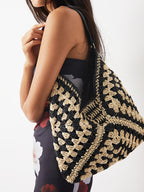 Crochet Shoulder Bag Straw Woven Black Beige Women's Boho Hobo – Beach, Summer, Casual, Holiday, Gift