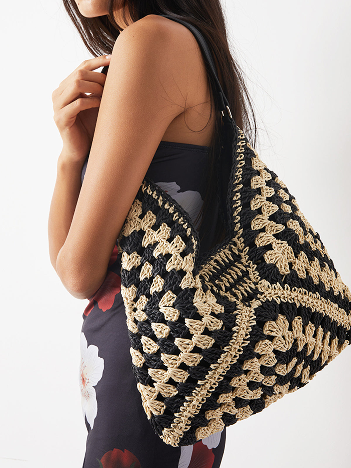 Crochet Shoulder Bag Straw Woven Black Beige Women's Boho Hobo – Beach, Summer, Casual, Holiday, Gift
