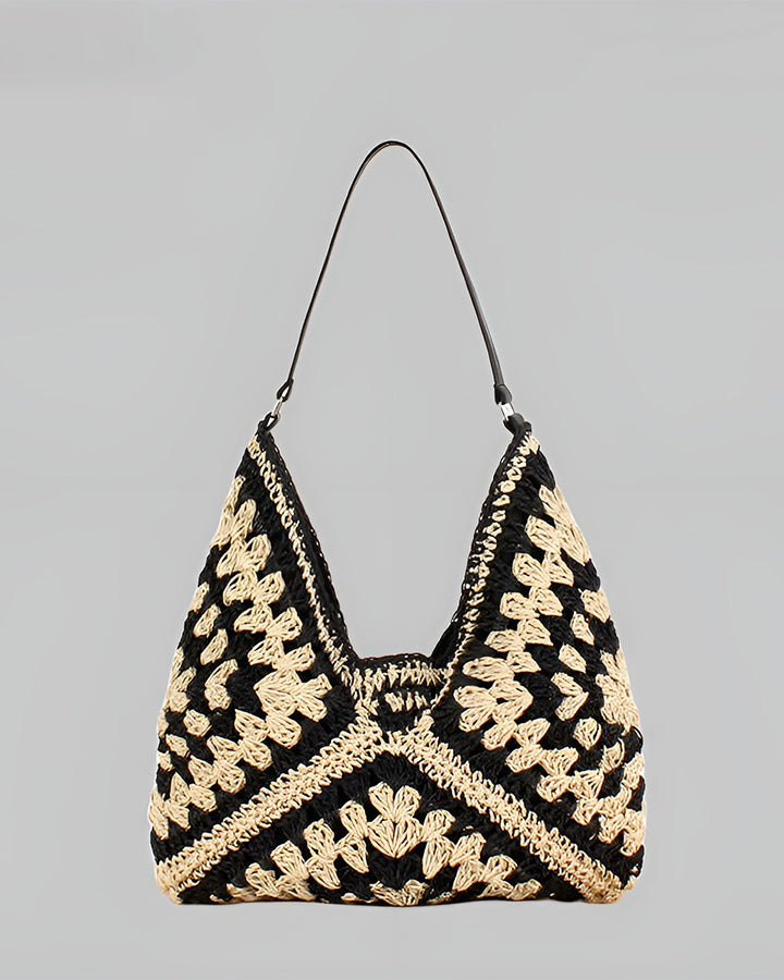 Crochet Shoulder Bag Straw Woven Black Beige Women's Boho Hobo – Beach, Summer, Casual, Holiday, Gift