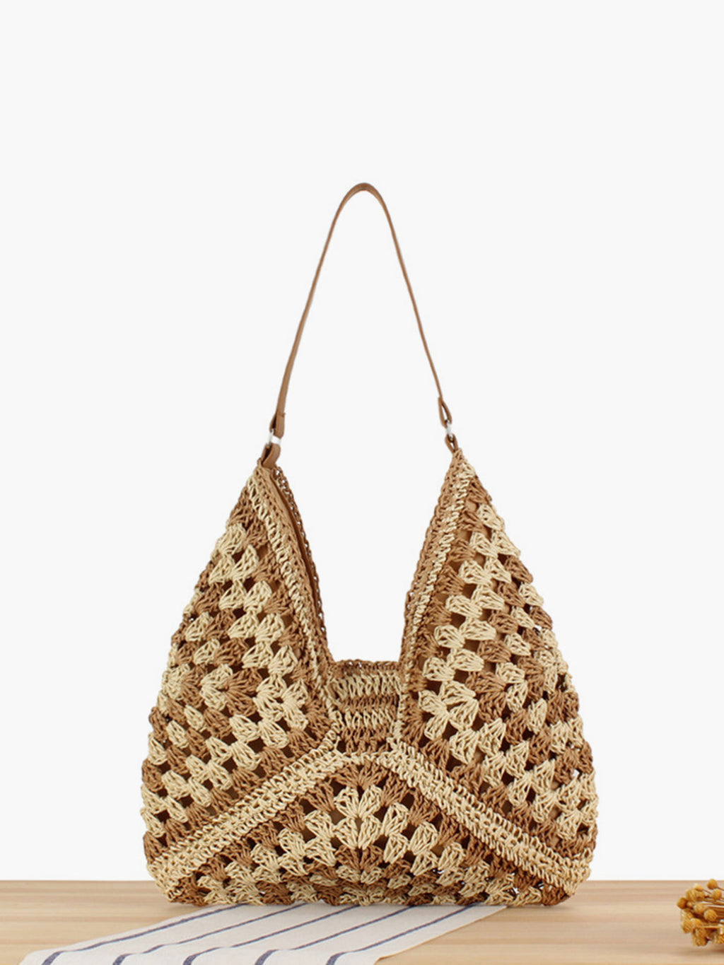 Crochet Shoulder Bag Straw Woven Black Beige Women's Boho Hobo – Beach, Summer, Casual, Holiday, Gift