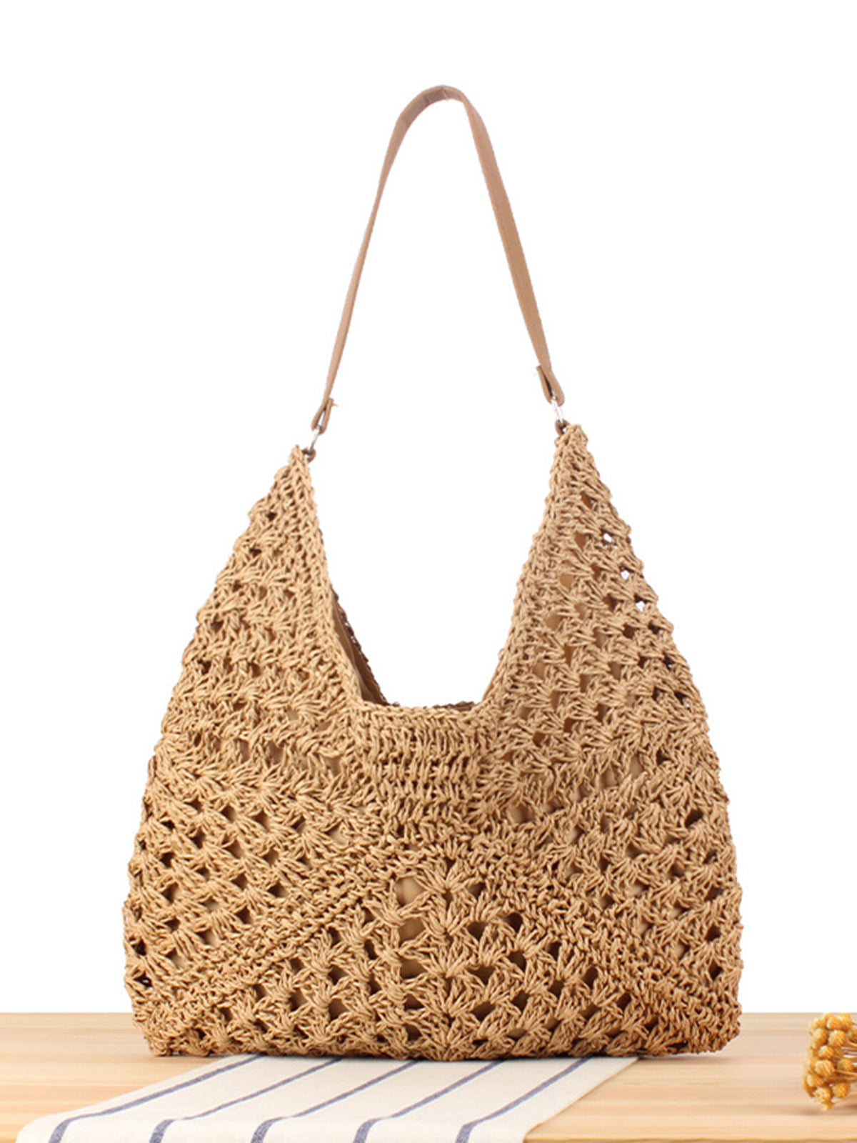 Crochet Shoulder Bag Straw Woven Black Beige Women's Boho Hobo – Beach, Summer, Casual, Holiday, Gift