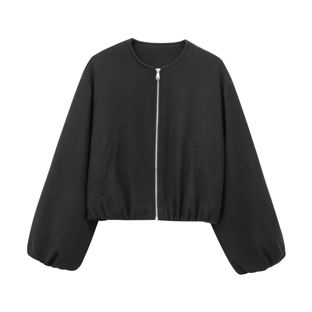 Cropped Bomber Jacket Beige Women's Zip-Up – Casual, Office, Holiday, Gift · Werune