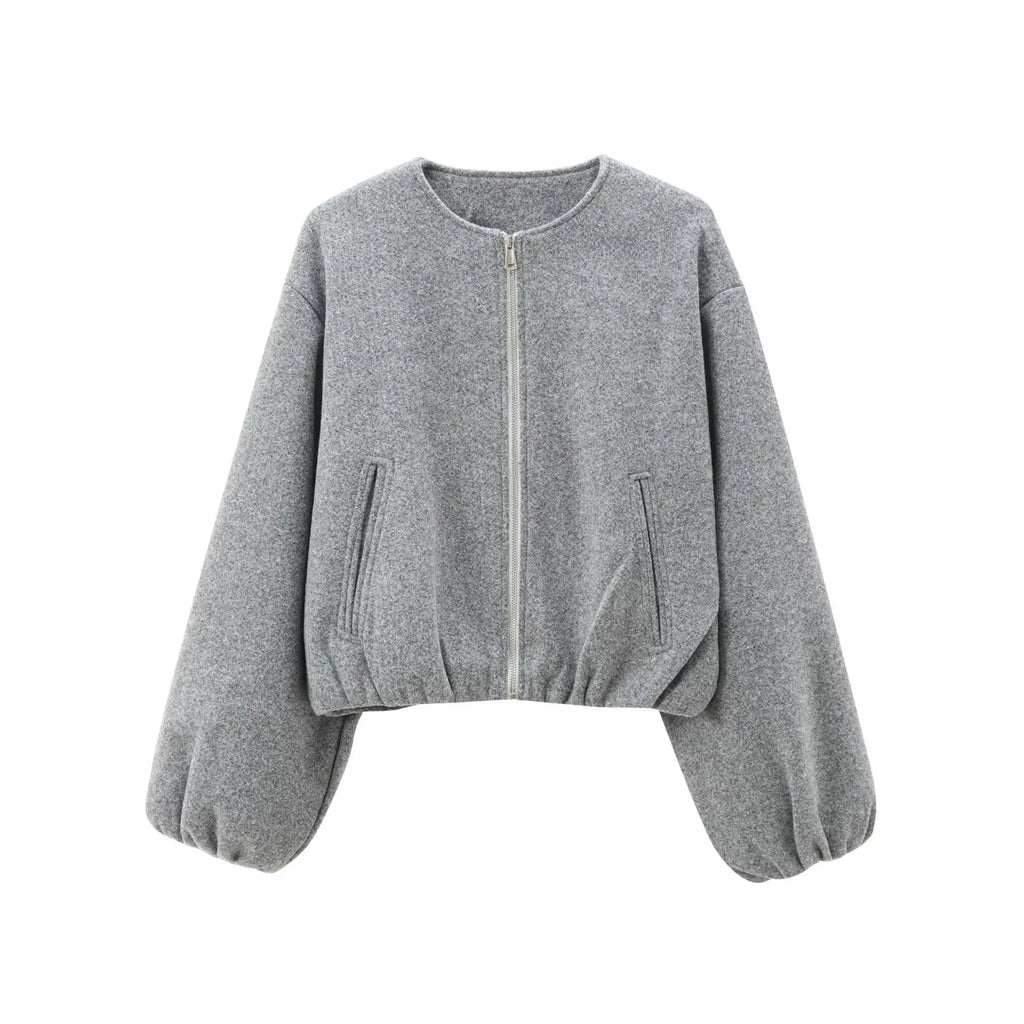 Cropped Bomber Jacket Beige Women's Zip-Up – Casual, Office, Holiday, Gift · Werune