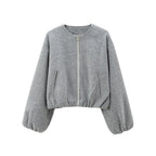 Cropped Bomber Jacket Beige Women's Zip-Up – Casual, Office, Holiday, Gift · Werune