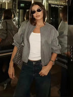 Cropped Bomber Jacket Beige Women's Zip-Up – Casual, Office, Holiday, Gift · Werune