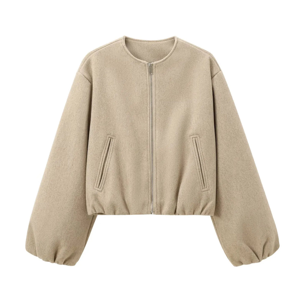 Cropped Bomber Jacket Beige Women's Zip-Up – Casual, Office, Holiday, Gift · Werune