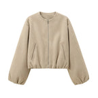 Cropped Bomber Jacket Beige Women's Zip-Up – Casual, Office, Holiday, Gift · Werune