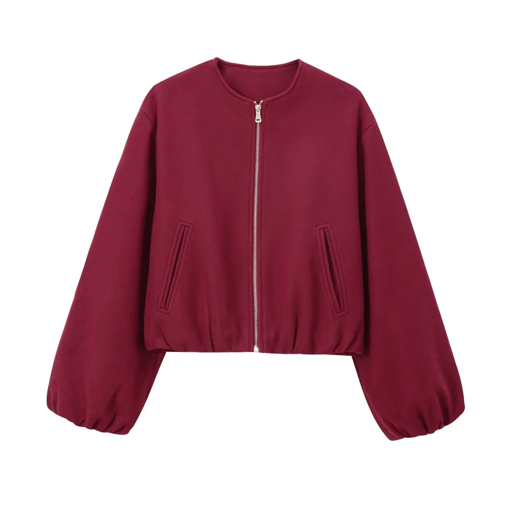 Cropped Bomber Jacket Beige Women's Zip-Up – Casual, Office, Holiday, Gift · Werune