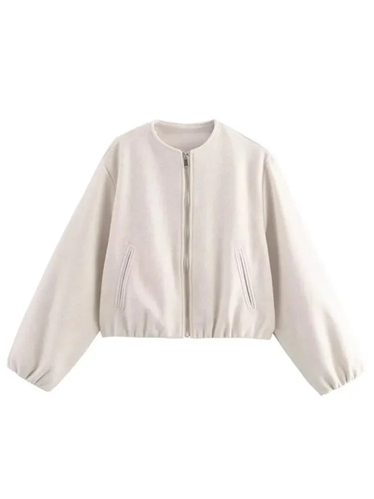 Cropped Bomber Jacket Beige Women's Zip-Up – Casual, Office, Holiday, Gift · Werune
