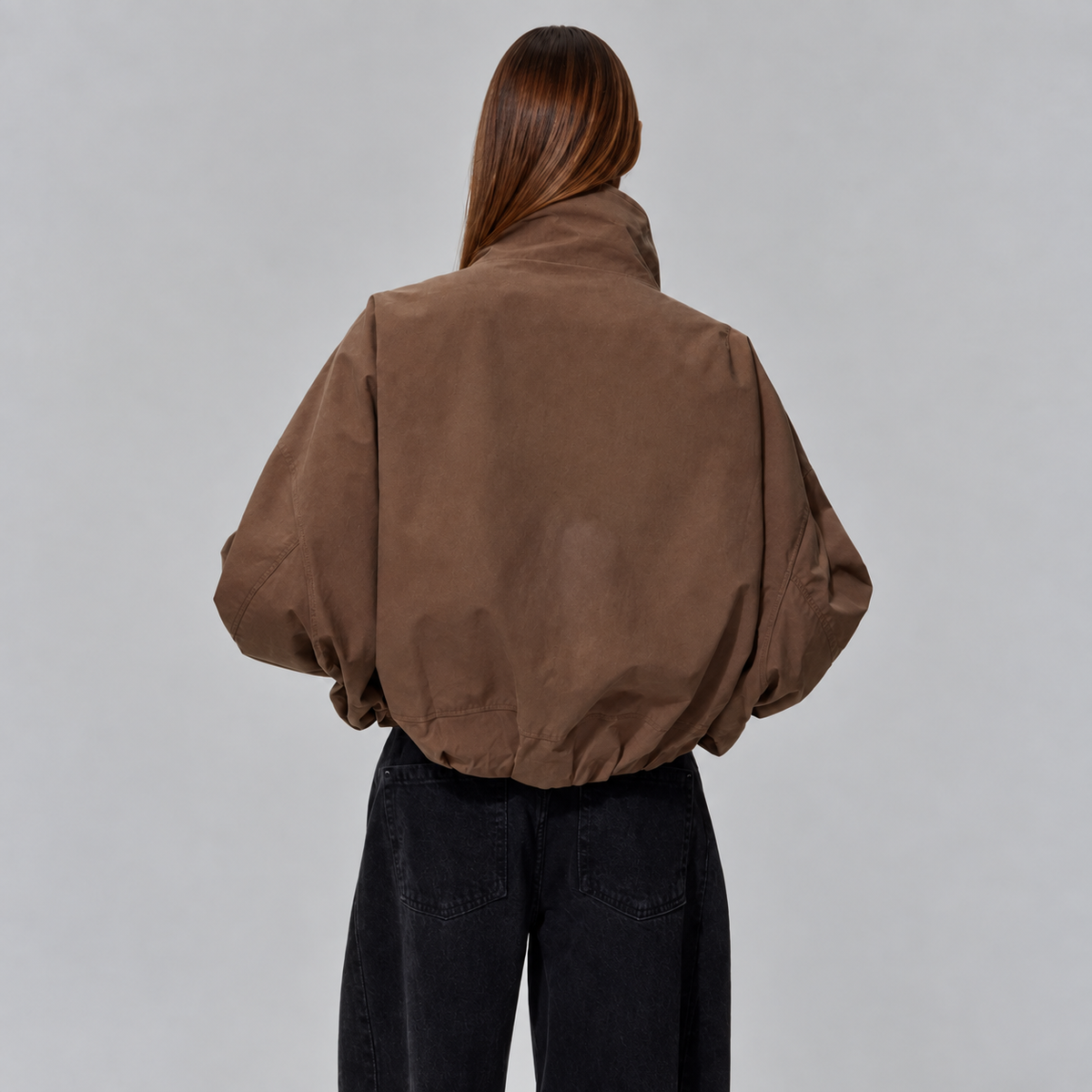 Cropped Bomber Jacket Women's Brown Oversized High Neck Zip-Up – Casual, Office, Holiday, Gift