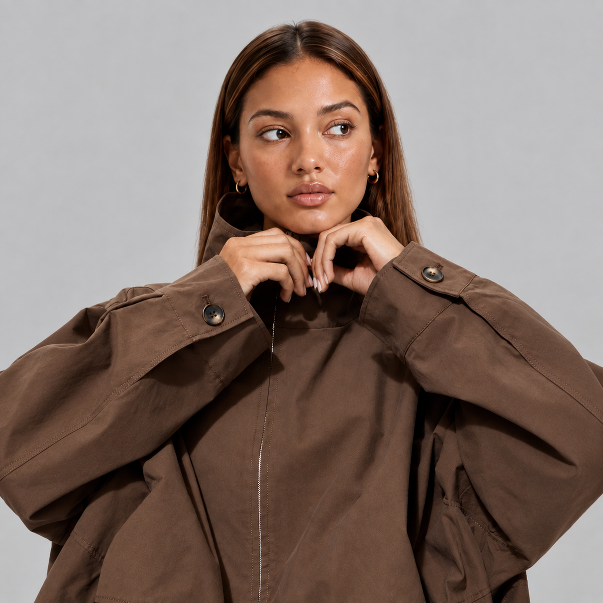 Cropped Bomber Jacket Women's Brown Oversized High Neck Zip-Up – Casual, Office, Holiday, Gift