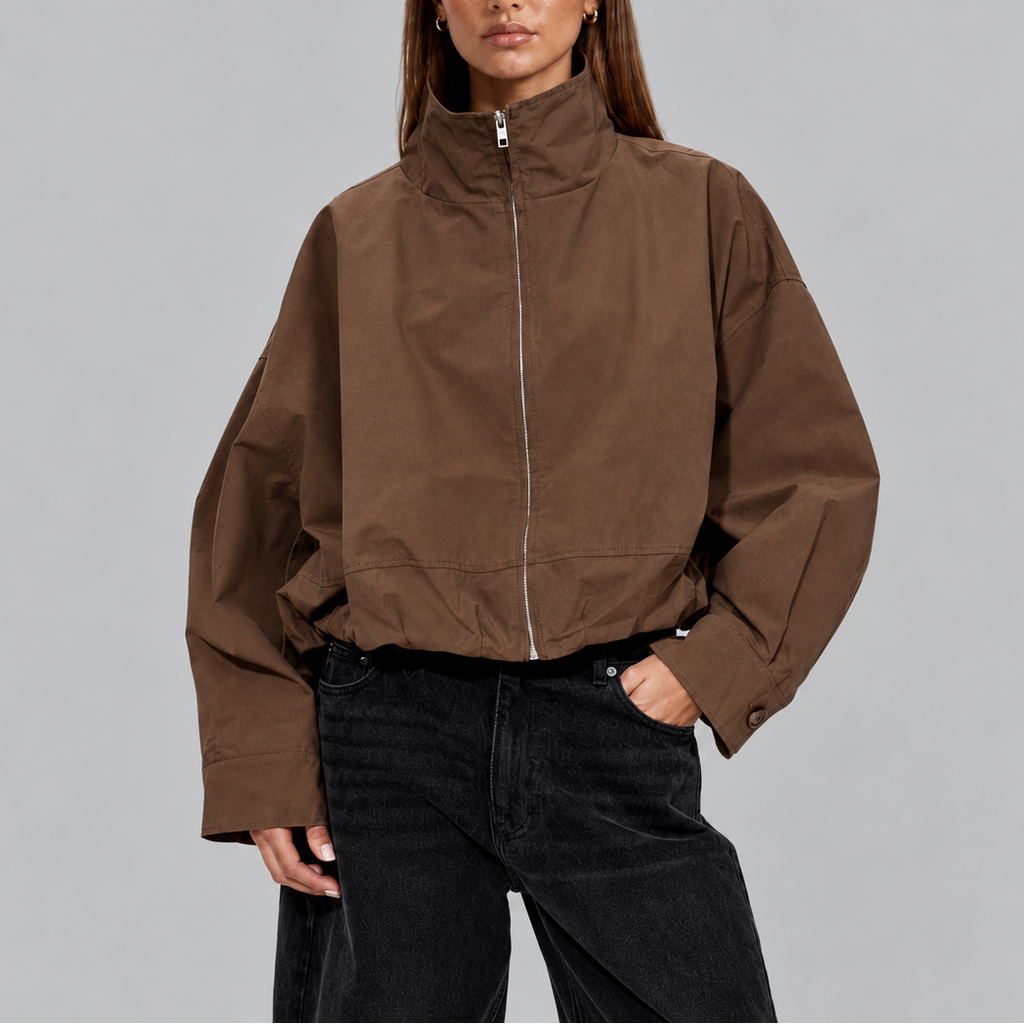 Cropped Bomber Jacket Women's Brown Oversized High Neck Zip-Up – Casual, Office, Holiday, Gift