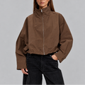 Cropped Bomber Jacket Women's Brown Oversized High Neck Zip-Up – Casual, Office, Holiday, Gift