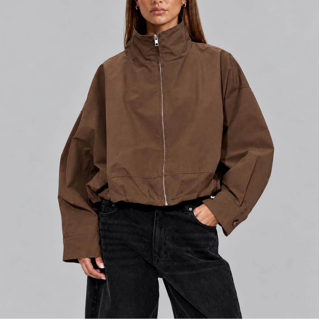 Cropped Bomber Jacket Women's Brown Oversized High Neck Zip-Up – Casual, Office, Holiday, Gift