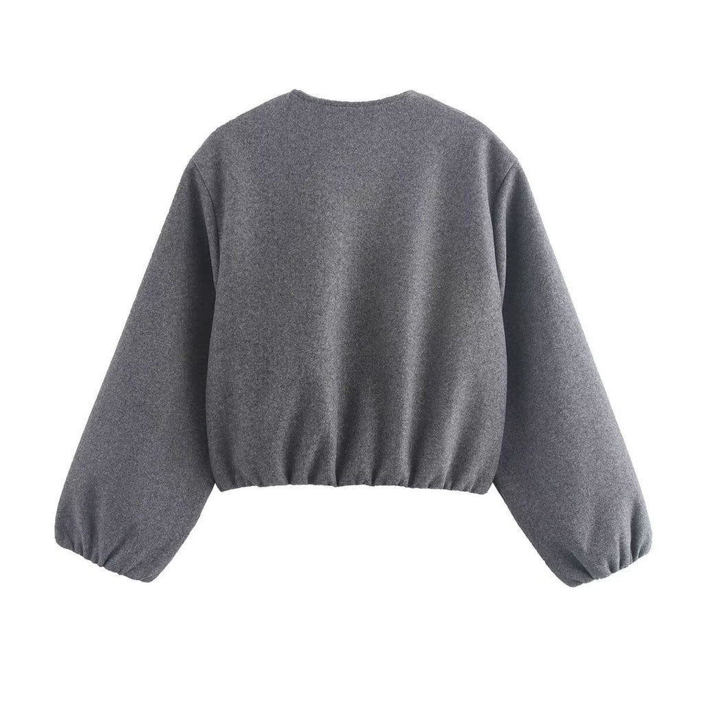 Cropped Bomber Jacket Wool-Blend Grey Women's Zip-Up – Casual, Office, Everyday Layering