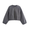 Cropped Bomber Jacket Wool-Blend Grey Women's Zip-Up – Casual, Office, Everyday Layering