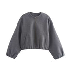 Cropped Bomber Jacket Wool-Blend Grey Women's Zip-Up – Casual, Office, Everyday Layering