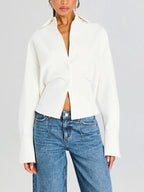 Cropped Button-Down Shirt White Long-Sleeve Women's Blouse – Office, Casual, Everyday, Gift