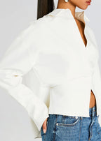 Cropped Button-Down Shirt White Long-Sleeve Women's Blouse – Office, Casual, Everyday, Gift