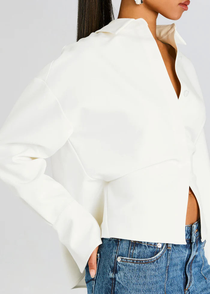 Cropped Button-Down Shirt White Long-Sleeve Women's Blouse – Office, Casual, Everyday, Gift
