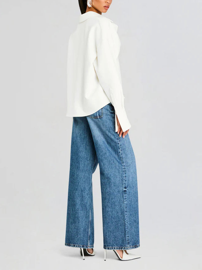 Cropped Button-Down Shirt White Long-Sleeve Women's Blouse – Office, Casual, Everyday, Gift