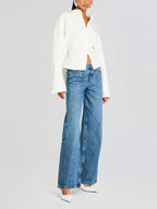 Cropped Button-Down Shirt White Long-Sleeve Women's Blouse – Office, Casual, Everyday, Gift