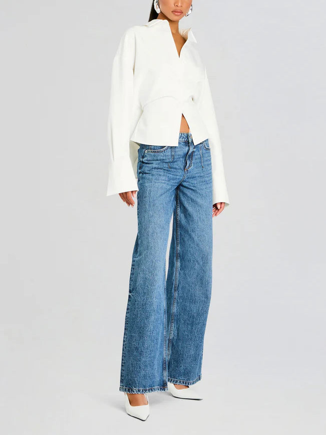 Cropped Button-Down Shirt White Long-Sleeve Women's Blouse – Office, Casual, Everyday, Gift