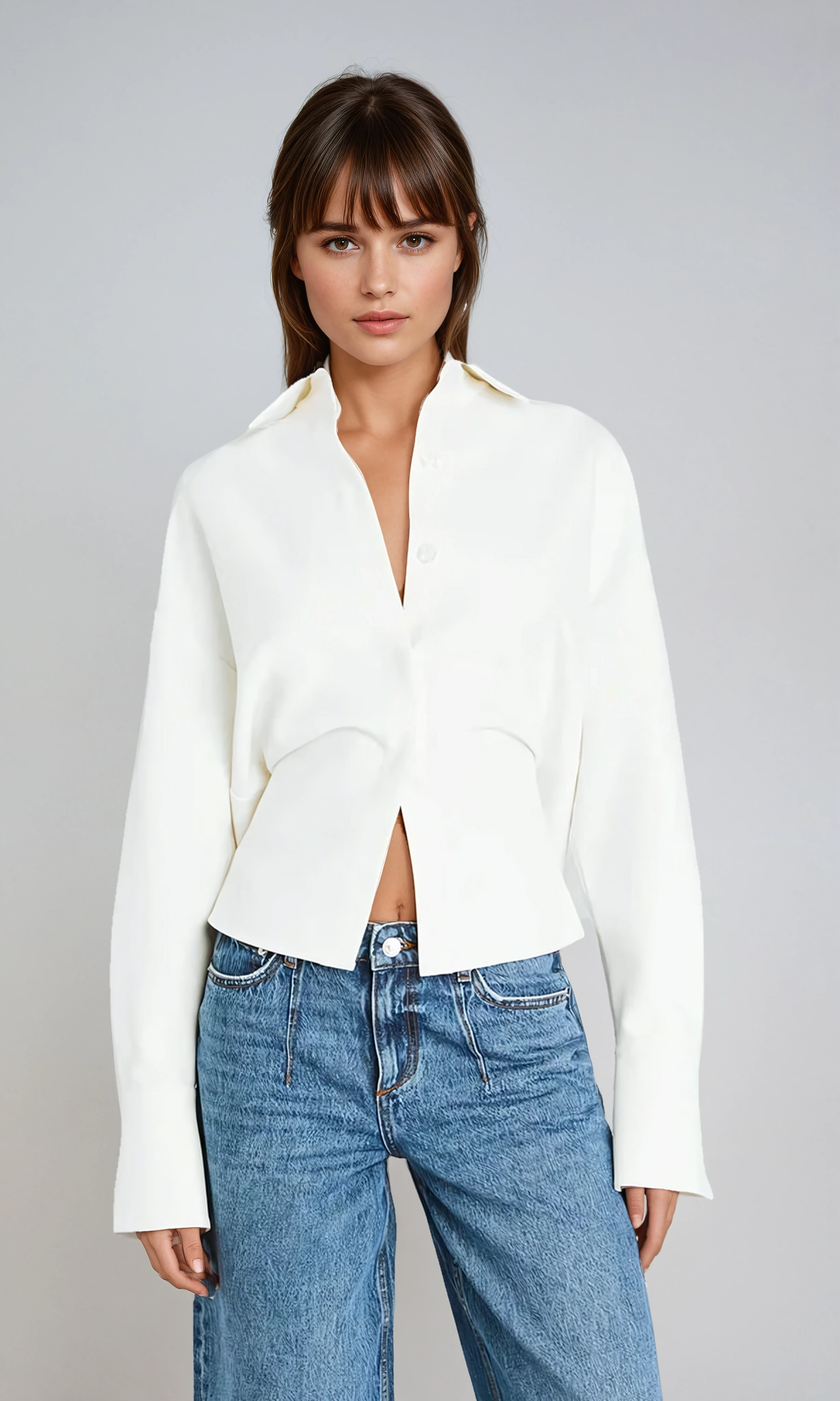 Cropped Button-Down Shirt White Long-Sleeve Women's Blouse – Office, Casual, Everyday, Gift