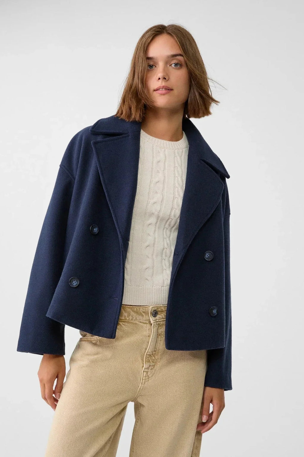 Cropped Jacket Wool-Blend Cream Women's Double-Breasted Wide Lapel – Casual, Office, Holiday, Gift