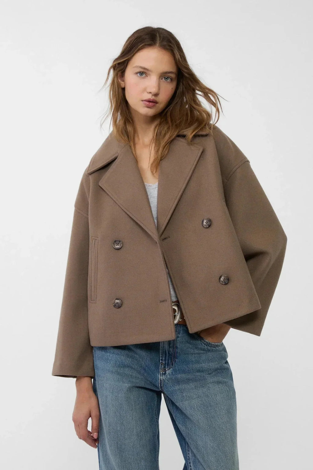 Cropped Jacket Wool-Blend Cream Women's Double-Breasted Wide Lapel – Casual, Office, Holiday, Gift
