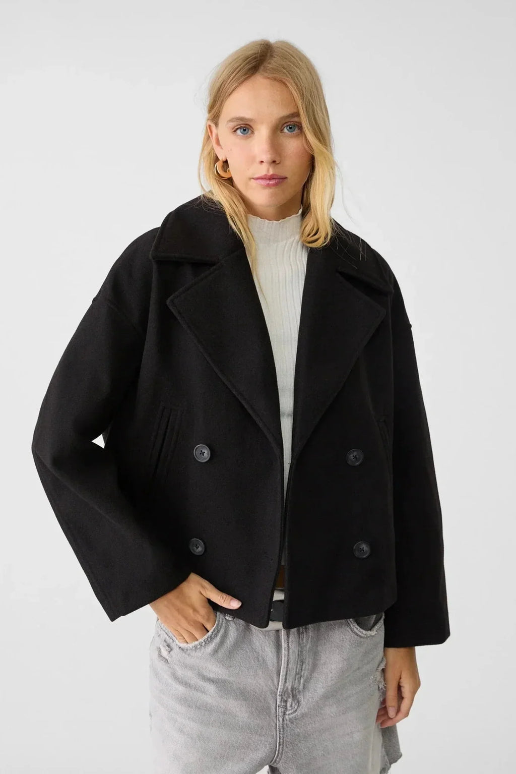 Cropped Jacket Wool-Blend Cream Women's Double-Breasted Wide Lapel – Casual, Office, Holiday, Gift